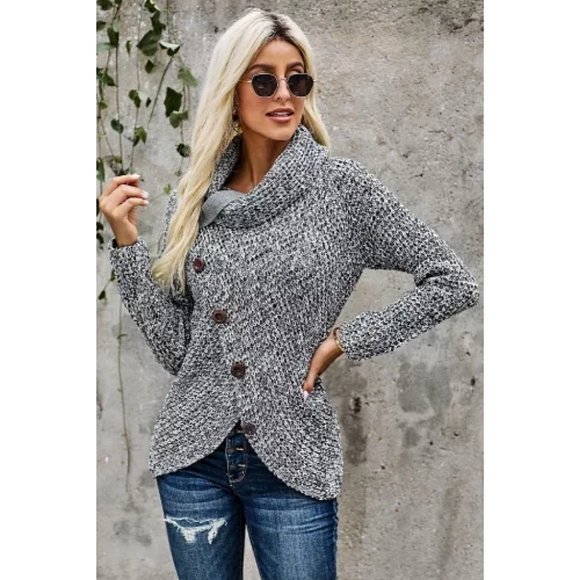 LAST ONE! Plus Size GRACELYN Gray Button Wrap Long Sleeve Sweater - Picture 3 of 6